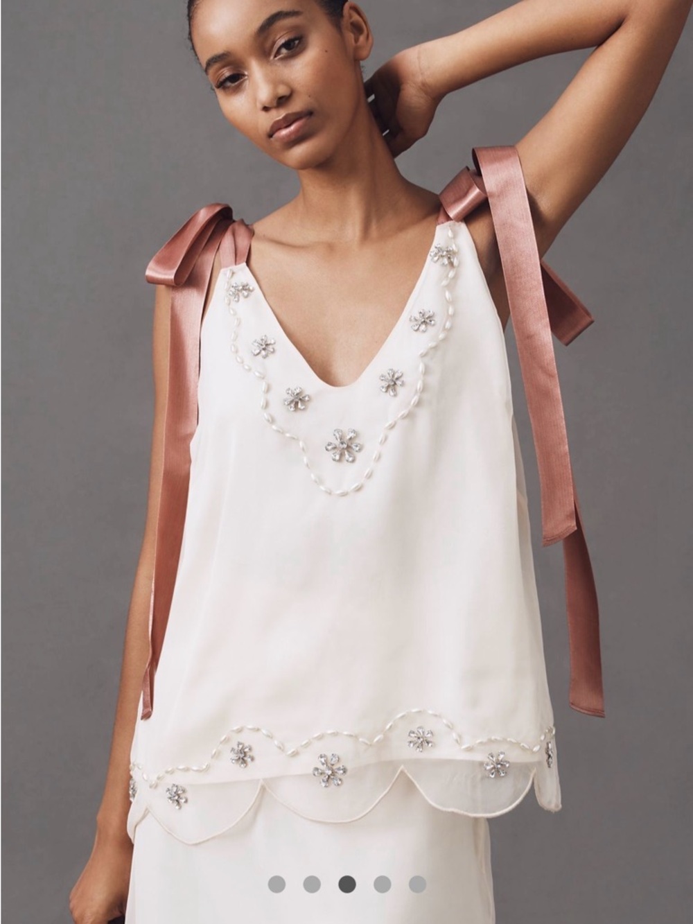 Anthropologie Ivory Beaded Camisole with Rose Satin Tie Straps